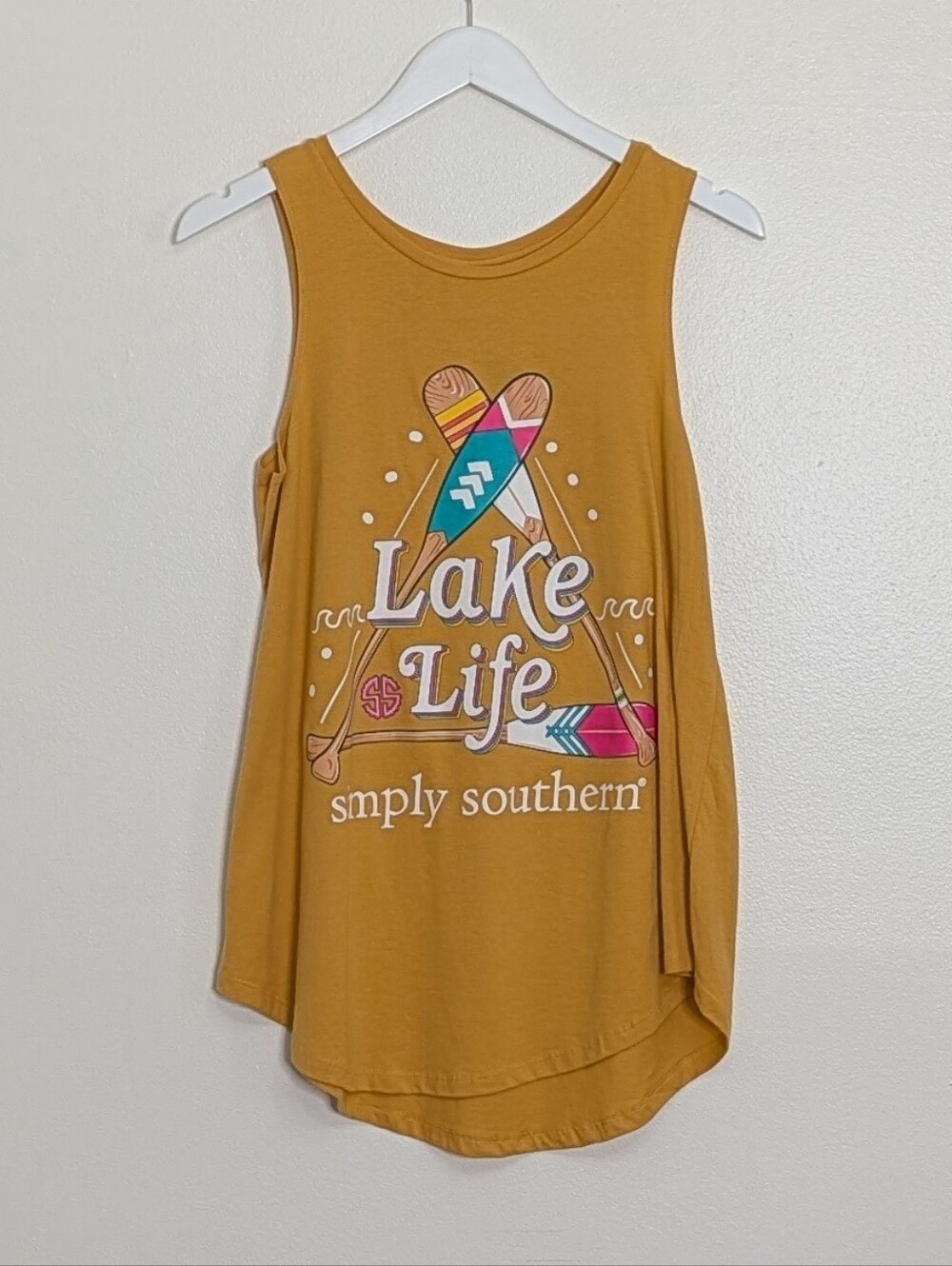 Simply Southern Tank Lake Life Graphic  Women M Yellow Knit 100% Cotton